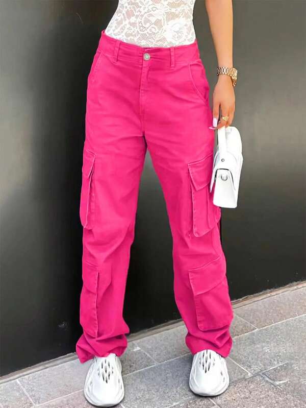 Women's Casual Versatile Solid Color Cargo Jeans