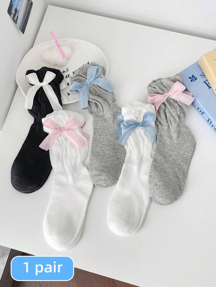 1 Pair Girls Thin Long Socks With Bow Lace Details, Princess Style Solid Color Mid-Calf Socks For Teens And Children - Multicolor - View 1
