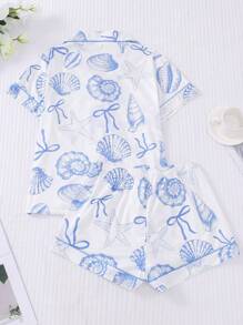2pcs/Set Women's Ocean Shell Print Pajamas Set, Short Sleeve Shirt With Collar & Button, And Elastic Waist Shorts, Suitable For Holiday Party, Casual Everyday Indoor & Outdoor Wear