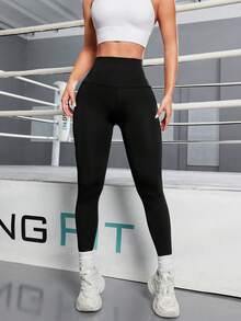 Women's Portable Pocket Running Sports Yoga Pants, Comfortable Solid Color Nine-Minute Tight Fitness Leggings For Outdoor Tennis, Badminton, Golf, Spring/Summer