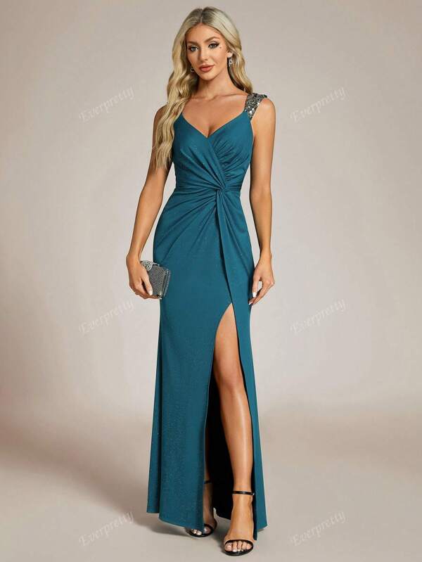 EVER-PRETTY Elegante y glamuroso vestido de noche azul formal con escote en V, sin mangas, cintura con fruncidos, abertura alta y lentejuelas brillantes, para cena, graduación, fiesta formal o evento