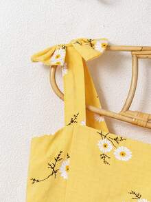 Young Girl Plaid Strap Summer Dress With Floral Print & Ruffle Trim, Fresh Design, Must-Have - Yellow - View 4