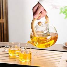 1pc 33.81oz High Borosilicate Glass Large Capacity Handle Teapot With Tea Infuser Clear Glass Teapot Induction Brewing Tea And Health Pot With Wooden Parts For Home Or Kitchen Use - White - View 5
