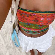 Women Boho Floral Tube Top  Colorful Flower Print Strapless Slim Fit Crop Top Beach Vacation Bandeau Tops - trái cam - Xem 2