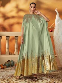 Váy dạ hội dài trang trọng lấy cảm hứng từ Kaftan xanh lá cây vàng với hạt cườm nặng và viền kim loại, váy dạ hội thanh lịch, kín đáo - Quả xanh - Xem 8