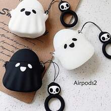 Cute Mysterious Black & White 3D Ghost Silicone Earphone Case + Lanyard Strap Compatible With Apple Pro 2/Pro/4/3/2 Case, Fashion & Simplistic For Women - Black - View 5