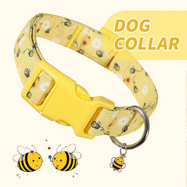 This Polyester Dog Collar Has A Cartoon Yellow Bee And Floral Design, With Printed Bees, Clouds, And Daisies, Creating A Cute And Lively Atmosphere For Pets. The Collar Is Made Of Breathable Material To Ensure Comfortable Wear For The Pet. The Sturdy Metal Ring Is Rust-Resistant And Adds A Fashionable Touch. The Adjustable And Quick-Release Buckle Design Makes It Easy To Put On And Take Off. This Happy Dog Accessory Is A Dog Collar.