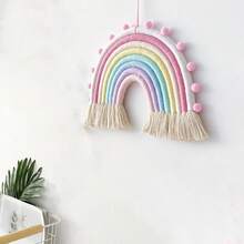 Handmade Colorful Rainbow Pom Pom Wreath Decor, Boho Woven Rainbow Wall Hanging Decor For Room, Nursery - Multicolor - View 4