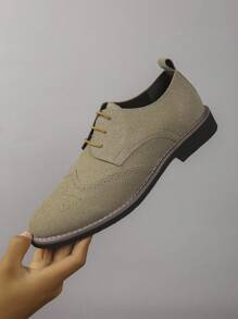 Men's Casual Matte Leather Brogue Round Toe Lace-Up Low Heel Flats, Lightweight, Suitable For Youth, Students And Daily Wear All Season