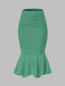 女士办公室通勤美人鱼铅笔裙，高腰及膝修身涤纶混纺弹力裙，适合所有季节