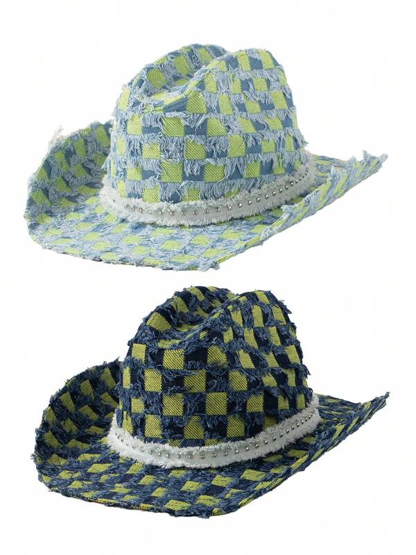 1pc Checkerboard Casual Polyester Fringe Denim Hat, Bright Color Summer Fresh Checkered Fringe Contrast Color Rivet Decor Chain Street Casual Fashion American Style Denim Cap