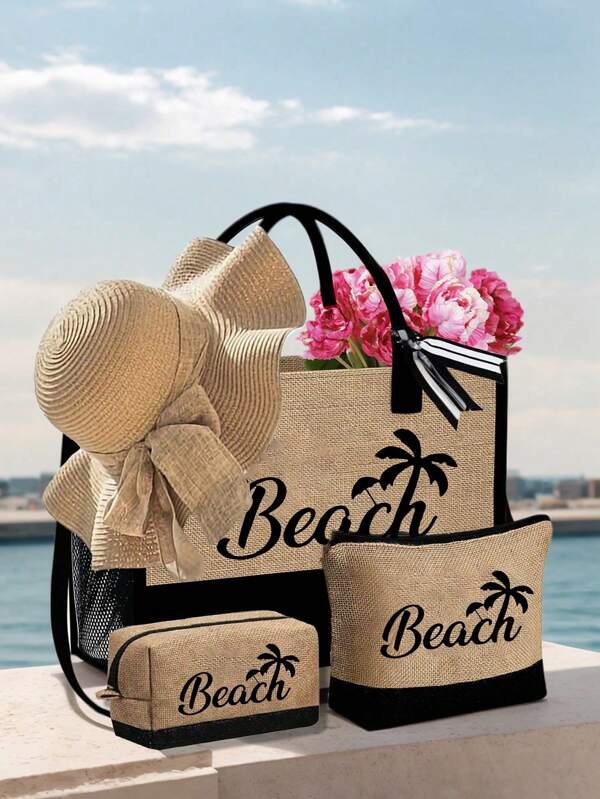 Set negru kaki cu litera "Beach Coconut Tree" imprimată pe el, geantă de plajă, cu geantă de machiaj, geantă pătrată mică, geantă de machiaj, geantă tote, portofel pentru monede, geantă de depozitare, geantă pentru pixuri, geantă de mână, geantă de spălat, potrivit pentru nuntă, litoral, cadou de întoarcere acasă, perfect pentru vacanță și sărbători, potrivit pentru uz zilnic, este un cadou excelent pentru femei, mamă, profesori, prietene, domnișoare de onoare, studente, un cadou atent pentru Ziua Mamei.