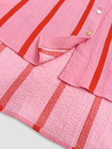 Women Color-Block Striped Loose Blouse Short Sleeve Elegant Cardigan Top, Suitable For Commute, Daily, Valentine's Day, Outing, Spring/Summer