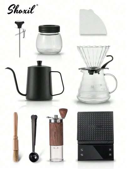 shoxil Kaffeset, Eid Al-Adha-presenter, storlek 02 handdroppskaffeset, häll över kaffeset, bärbara resetillbehör för kaffe, ingår 600 ml kaffekokare och termometer, 600 ml glaskanna med V02-droppar, manuell kaffekvarn, kaffesked, kaffevåg, glaskaffebehållare, rengöringsborste för kaffekvarn, 100 st kaffefilterpapper, festivalpresenter för familjer och vänner