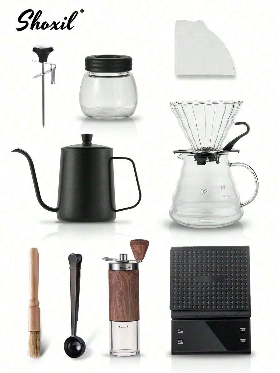 shoxil 咖啡套装、宰牲节礼物、02号手冲咖啡套装、手冲咖啡套装、便携式旅行咖啡配件工具、内含600毫升咖啡壶和温度计、600毫升玻璃咖啡壶（带V02滴滤）、手动咖啡研磨机、咖啡勺、咖啡秤、玻璃咖啡罐、咖啡研磨机清洁刷、100张咖啡滤纸、送给家人和朋友的节日礼物