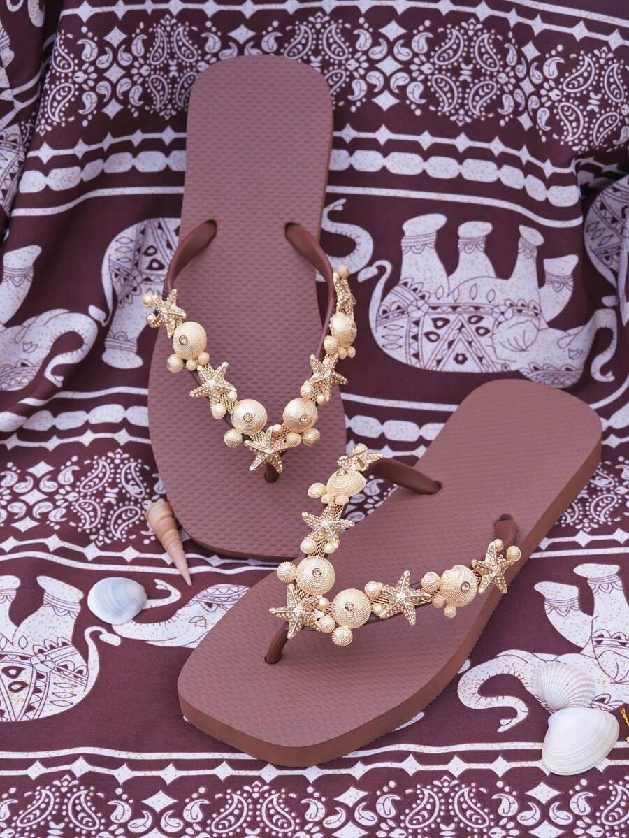Summer Holiday Casual Starfish Studded Embellishment Flip Flops - Brown - View 1
