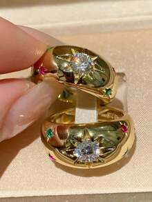 1 件巴洛克风格奢华锆石星形圆顶戒指，适合女士 - 金色 - 查看 6