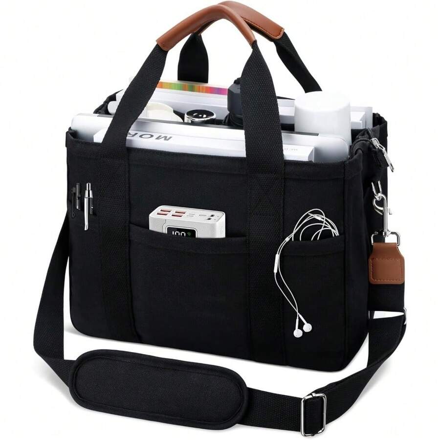 Bolso de lona con múltiples bolsillos para mujer, elegante y espacioso bolso bandolera, duradero, de gran capacidad, versátil, con cómoda correa de hombro y compartimentos organizados. - Negro - Ver 1
