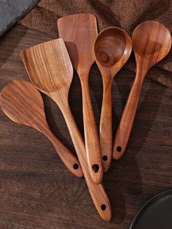 5 Piece Set Of Wooden Spoon Spatula Soup Spoon Tableware Wooden Kitchen Utensils Set Wooden Spoon, No Peculiar Smell, Corrosion Resistance And High Temperature Resistance, Multifunctional Shovel Spoon Series