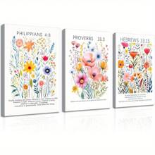 Conjunto de 3 obras de arte en lienzo con acuarelas de flores silvestres cristianas, versículo bíblico, decoración de pared con flores botánicas, pósters e impresiones para dormitorio de niñas, sala de estar y dormitorio, listo para colgar, mural de atmósfera de alta gama - Tres piezas enmarcadas