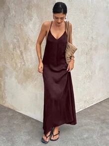 Vestido de tirantes de mujer Doriss con cuentas y espalda descubierta, color liso para vacaciones