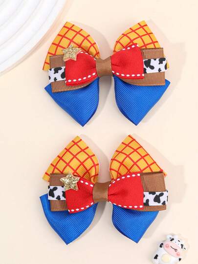 2pcs/Set Girls Princess Hair Clips, Denim Effect Printed Bow & Alligator Clips, Denim Hair Accessories, Suitable For Teenagers