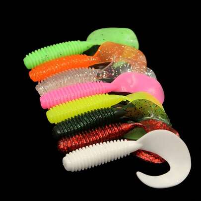 50pcs Bionic Soft Worm Fishing Lures, Rolling Tail Maggot, PVC Curl Tail Swimbait, Non-Lead Freshwater & Saltwater Artificial Bait