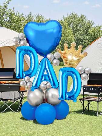 28 件父亲节主题气球套装，包括 16 英寸“DAD”字母气球、18 英寸心形气球、金色皇冠铝箔气球、蓝色和银色乳胶气球，适合父亲节派对、家庭聚会、创意礼品装饰