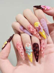 10pcs Hawaiian Dopamine 3D Devil Flower Handmade Acrylic Press On Nails, Colorful Summer Nails Extra Long Stiletto Pointed Fake Nails, Full Coverage French Tip Nails With Jelly Glue And Nail File, DIY Nail Art Supplies