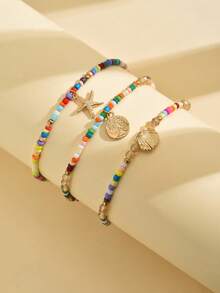 Bộ lắc chân hạt thủy tinh thanh lịch 3 món có mặt dây chuyền hình sao biển và vỏ sò, lắc chân co giãn nhiều lớp đính hạt, phụ kiện phong cách kỳ nghỉ bãi biển mùa hè phù hợp cho mọi mùa (Màu sắc và số lượng ngẫu nhiên) - Nhiều màu - Xem 5