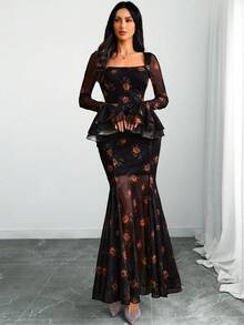 女式哥特式性感优雅玫瑰华丽花朵双袖修身美人鱼下摆双衬里连衣裙 - 彩色 - 查看 4