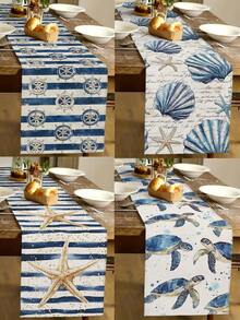 1pc Nautical Themed Linen Table Runner With Turtle, Anchor, Shell, Starfish Patterns, Modern Style, Available In 33*91cm, 33*183cm, 33*274cm Sizes, Home Decor, Indoor/Outdoor Party Supplies - Multicolor - View 2