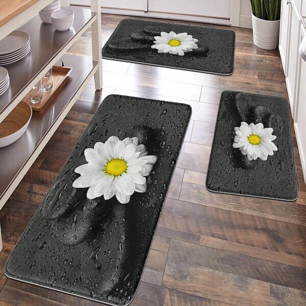 1 pezzo Tappetino decorativo per pavimenti con motivo ghiaia e margherite, superficie morbida e vellutata, stile minimalista di lusso, tappetino antistress per casa, camera da letto, bagno, cucina, ingresso, rilassante e confortevole per i piedi, decorazione per la stanza, accessori per il bagno, di nuovo a scuola