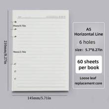 60 unidades/pacote de papel de recarga para caderno A5, folhas soltas grossas, substituição para caderno de estudante/escritório, papel de preenchimento com furos em branco com grade pautada A5