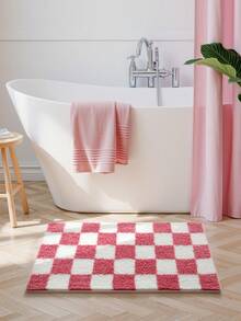 1pc Pink Checkered Bath Mat, Soft Flocked, Non-Slip Bottom, Highly Absorbent, Breathable, Machine Washable, Suitable For Sink, Bedroom, Bathroom, Home Decor, Thick Flocked Material, Suitable For Entryway, Bathroom, Kitchen And Other Spaces - Multicolor - View 11