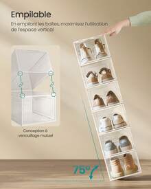 SONGMICS Boîtes à Chaussures, Lot de 6, avec Porte, Rangement de Chaussure en Plastique, Empilable, Montage Facile, 34 x 25 x 18,4 cm, Jusqu'à la Pointure 44, Blanc Transparent - Transparent - Voir 4