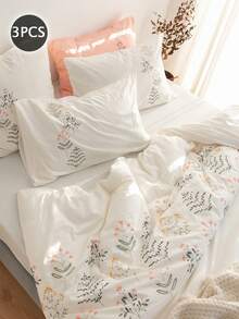 3pcs 100% Polyester Flowers Embroidery, Duvet Cover Set Without Filler,(1Duvet Cover &2 Pillowcases), Modern Polyester Bedding Set For All Season - White - View 2