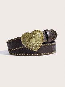 1pc Vintage Buckle Print Pattern PU Leather Belt, Unisex Fashion Versatile Accessory Suitable For Everyday Wear - Coffee - View 1
