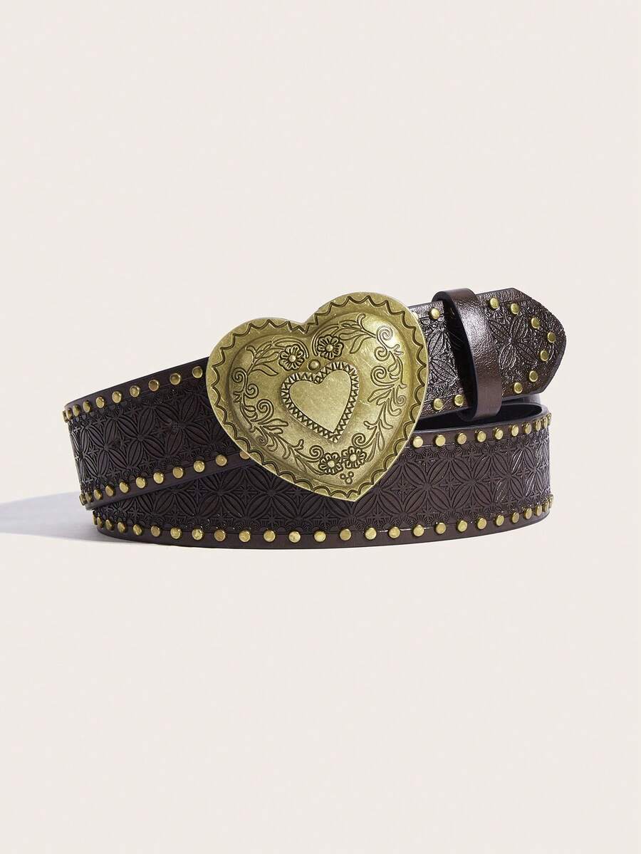 1pc Vintage Buckle Print Pattern PU Leather Belt, Unisex Fashion Versatile Accessory Suitable For Everyday Wear - Coffee - View 1