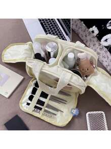 Bolsa de cosméticos de tela suave y esponjosa con cremallera, bolsa de aseo de gran capacidad de unicolor simple para maquillaje, uso doméstico, viaje y uso diario