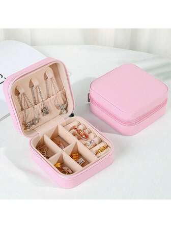 1件装 10*10*5厘米迷你珠宝收纳盒展示旅行珠宝拉链盒耳环项链戒指便携式珠宝盒皮革收纳