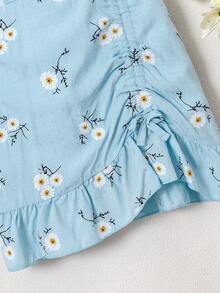 Young Girl  Checkered Cami Sundress With Floral Print & Ruffle Hem Details, Summer Essential Fresh Dress - Blue - View 6