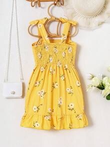 Young Girl Plaid Strap Summer Dress With Floral Print & Ruffle Trim, Fresh Design, Must-Have - Yellow - View 2