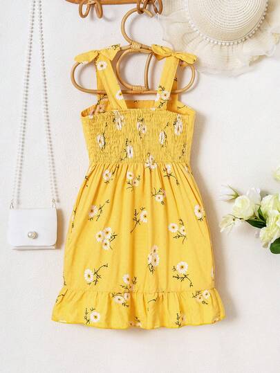 Young Girl Plaid Strap Summer Dress With Floral Print & Ruffle Trim, Fresh Design, Must-Have