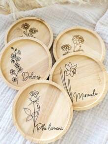 1pc Customized Floral Design Bamboo Trivet Mat, Wedding Decoration, Birthday Gift, Anniversary Present, Customized Trivet - Wood Color - View 4
