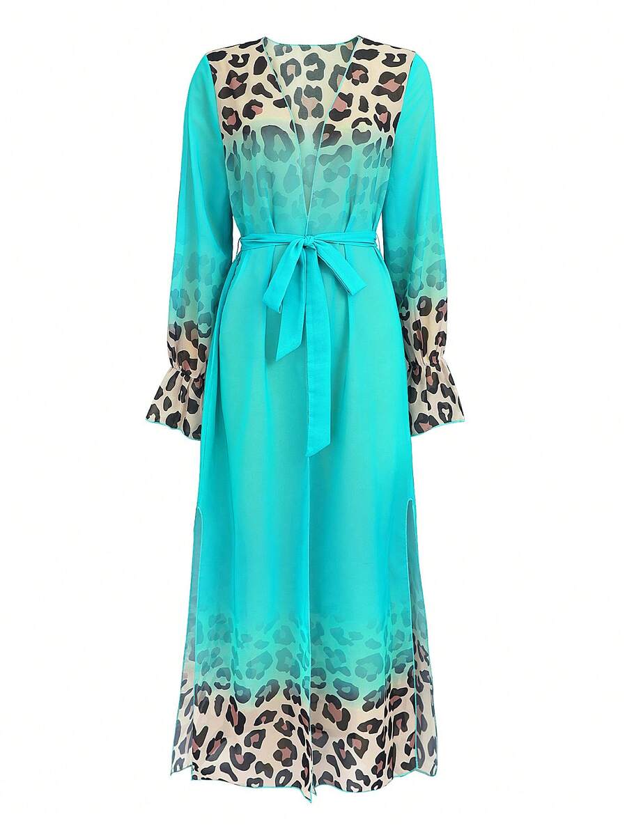 Leopard Print Chiffon Kimono Robe For Women, Lightweight Beach Cover-Up With Ombre Sash, Spring/Summer - Cadet Blue - View 1