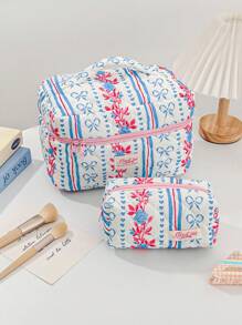 1PC Blue Striped Flower Makeup Bag, Quilted Portable Toilet Bag, Makeup Bag, Large Capacity Storage Bag, Suitable For Wallet, Lipstick, Sanitary Napkins, Pads, Coins, Keys, Earphones, Earphones And Accessories, Travel Storage Bag, Earrings, Bracelets, Necklace, Glasses, Sunglasses, Suitable For Women, Girls, Teenagers, Candy, Nurses, Female Students, Students, Gifts. Cosmetic Bag