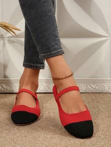 2025 Autumn Women Casual Soft Sole Square Toe Elastic Band Patchwork Flat Shoes, Suitable For Indoor And Outdoor Wear - Black and Red - View 4