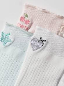 1 Pair Women's Summer Lightweight Breathable Mesh Openwork Plain Girl Sweet Ruffle Trim Embroidery Cherry Bow Heart Cutout Heel Split Ins College Style Student Socks, Mid-Calf Socks Casual Daily Wear - Multicolor - View 5