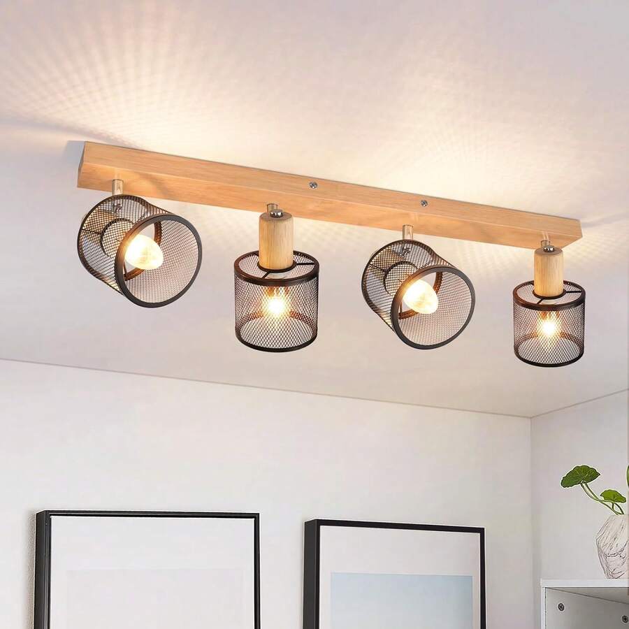 homefire Ceiling Spotlight 4-Flame Ceiling Lamp Wood - Ceiling Light E14 Spotlight Kitchen Lamp LED Swiveling Vintage Black/White Spotlights For Living Room Bedroom Hallway Kitchen Without Bulbs